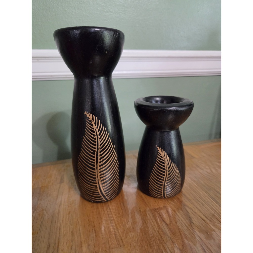 Vintage Ceramic Black/Gold Candle Holder Set 7.5" & 4.5"